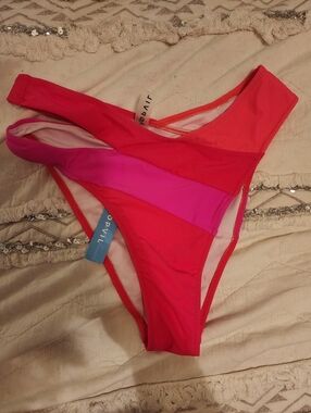 NWT Popvil Colorblock High Cut Bikini Bottom Pink Red Asymmetrical Size Medium